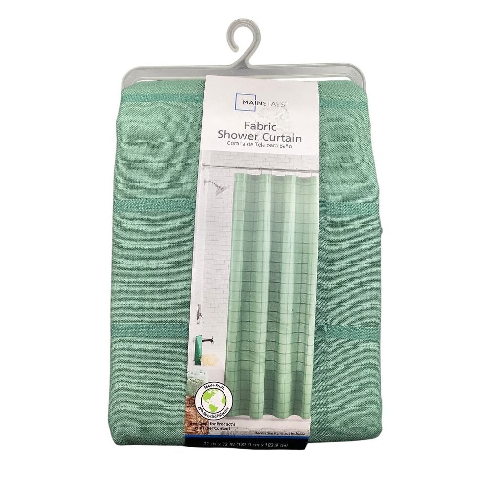 Mainstays Fabric Shower Curtain Green Plaid 72x72 Inches Recycled Buttonhole Top